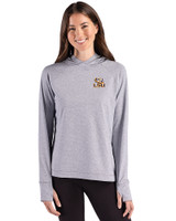 LSU Tigers Cutter & Buck Adapt Recycled Soft Knit Stripe Womens Hooded Pullover Black Heather/White Front