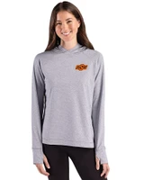 Oklahoma State Cowboys Cutter & Buck Adapt Recycled Soft Knit Stripe Womens Hooded Pullover Black Heather/White Front