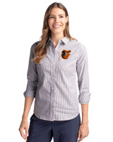 Baltimore Orioles Cutter & Buck Stretch Oxford Stripe Womens Long Sleeve Dress Shirt Charcoal Front