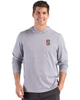 Stanford Cardinal - Cutter & Buck Adapt Recycled Soft Knit Stripe Mens Hooded Pullover Black Heather/White Front