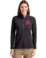Nebraska Cornhuskers Cutter & Buck Adapt Recycled Soft Knit Stretch Womens Half Zip Pullover Black Front