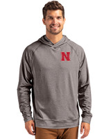 Nebraska Cornhuskers Cutter & Buck Adapt Recycled Soft Knit Stretch Mens Heathered Hooded Pullover Black Heather Front