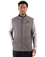 Milwaukee Brewers Cutter & Buck Woodland Epic Versatility Recycled Insulated Hybrid Fleece Mens Full Zip Vest Elemental Grey Front