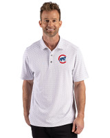 Chicago Cubs Cutter & Buck Virtue Recycled Hex Print Featherlight Pique Mens Big & Tall Polo Black Front