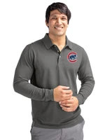 Chicago Cubs Cutter & Buck Advantage Eco Tri-Blend Pique Mens Long Sleeve Polo Elemental Grey Front