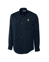 Houston Astros Cutter & Buck Epic Easy Care Fine Twill Mens Long Sleeve Dress Shirt Navy Blue Mannequin
