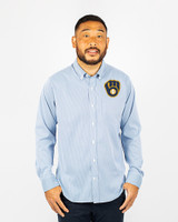Milwaukee Brewers Cutter & Buck Versatech Pinstripe Stretch Mens Big and Tall Dress Shirt Indigo Front