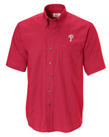 Philadelphia Phillies Cutter & Buck Epic Easy Care Nailshead Mens Big and Tall Short Sleeve Dress Shirt Cardinal Red Mannequin