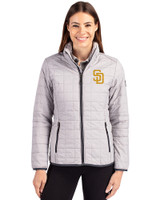 San Diego Padres Cutter & Buck Rainier PrimaLoft®  Womens Eco Insulated Full Zip Puffer Jacket Polished Medium Gray Front