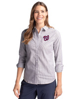 Washington Nationals Cutter & Buck Stretch Oxford Stripe Womens Long Sleeve Dress Shirt Charcoal Front
