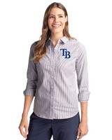 Tampa Bay Rays Cutter & Buck Stretch Oxford Stripe Womens Long Sleeve Dress Shirt Charcoal Front