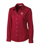 Philadelphia Phillies Cutter & Buck Epic Easy Care Fine Twill Womens Long Sleeve Dress Shirt Cardinal Red Mannequin