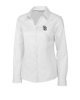 San Diego Padres Cutter & Buck Epic Easy Care Fine Twill Womens Long Sleeve Dress Shirt White Mannequin
