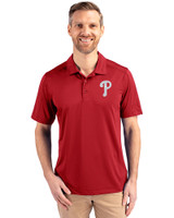 Philadelphia Phillies Cutter & Buck Prospect Eco Textured Stretch Recycled Mens Short Sleeve Polo Cardinal Red Front