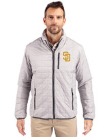 San Diego Padres Cutter & Buck Rainier PrimaLoft® Mens Eco Insulated Full Zip Puffer Jacket Polished Medium Gray Front