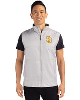 San Diego Padres Cutter & Buck Stealth Hybrid Quilted Mens Big and Tall Windbreaker Vest Polished Medium Gray Front