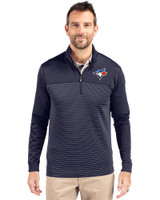 Toronto Blue Jays Cutter & Buck Traverse Stretch Eco Stripe Quarter Zip Mens Big and Tall Pullover Liberty Navy Front