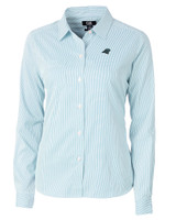 Carolina Panthers Cutter & Buck Versatech Pinstripe Stretch Womens Long Sleeve Dress Shirt Atlas Light Blue Mannequin