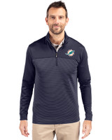 Miami Dolphins Cutter & Buck Traverse Recycled Smooth Stretch Mens Big & Tall Stripe Quarter Zip Pullover Liberty Navy Front