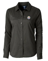 Pittsburgh Steelers Cutter & Buck Versatech Geo Dobby Stretch Womens Long Sleeve Dress Shirt Black Mannequin