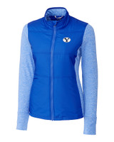 Brigham Young Cougars Cutter & Buck Stealth Hybrid Quilted Womens Full Zip Windbreaker Jacket Chelan Blue Mannequin