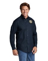 Marquette Golden Eagles Cutter & Buck Epic Easy Care Fine Twill Mens Long Sleeve Dress Shirt Navy Blue Front