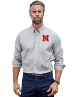 Nebraska Cornhuskers Cutter & Buck Stretch Oxford Stripe Mens Big and Tall Long Sleeve Dress Shirt Charcoal Front