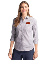 Oklahoma State Cowboys Cutter & Buck Stretch Oxford Stripe Womens Long Sleeve Dress Shirt Charcoal Front