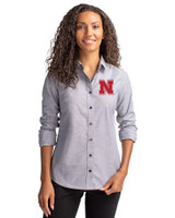 Nebraska Cornhuskers Cutter & Buck Stretch Oxford Womens Long Sleeve Dress Shirt Charcoal Front