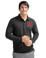 Nebraska Cornhuskers Cutter & Buck Advantage Eco Tri-Blend Pique Mens Long Sleeve Polo Black Front