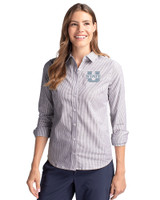 Utah State Aggies Cutter & Buck Stretch Oxford Stripe Womens Long Sleeve Dress Shirt Charcoal Front