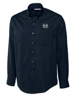 Utah State Aggies Cutter & Buck Epic Easy Care Fine Twill Mens Long Sleeve Dress Shirt Navy Blue Mannequin