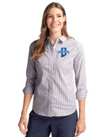 Indiana State Sycamores Cutter & Buck Stretch Oxford Stripe Womens Long Sleeve Dress Shirt Charcoal Front