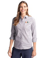 Miami Hurricanes Cutter & Buck Stretch Oxford Stripe Womens Long Sleeve Dress Shirt Charcoal Front