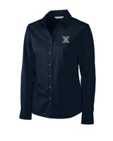 Xavier Musketeers Cutter & Buck Epic Easy Care Fine Twill Womens Long Sleeve Dress Shirt Navy Blue Mannequin