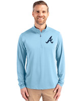Atlanta Braves Cutter & Buck Virtue Recycled Featherlight Pique Mens Quarter Zip Pullover Atlas Light Blue Front