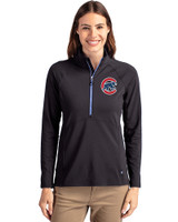 Chicago Cubs Cutter & Buck Adapt Recycled Soft Knit Stretch Womens Half Zip Pullover Black/Tour Blue Front