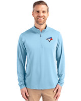 Toronto Blue Jays Cutter & Buck Virtue Eco Pique Recycled Quarter Zip Mens Pullover Atlas Light Blue Front