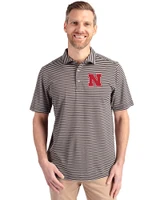Nebraska Cornhuskers Cutter & Buck Virtue Eco Pique Stripe Recycled Mens Polo Black Front