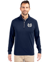 Utah State Aggies Cutter & Buck Adapt Eco Knit Stretch Recycled Mens Big and Tall Quarter Zip Pullover Navy Blue Front