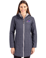 Buffalo Bills Cutter & Buck Rainier Recycled Insulated Puffer Womens Full Zip Hooded Long Coat Anthracite Melange Front