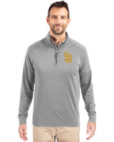 San Diego Padres Cutter & Buck Adapt Eco Knit Stretch Recycled Mens Big and Tall Quarter Zip Pullover Polished Medium Gray Front