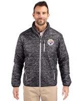 Pittsburgh Steelers Cutter & Buck Rainier Recycled Insulated Printed Puffer Mens Full Zip Jacket Black Front