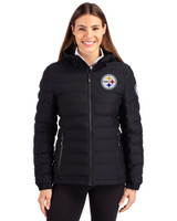 Pittsburgh Steelers Cutter & Buck Mission Ridge Repreve® Recycled Insulated Puffer Womens Full Zip Jacket Black Front