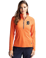 Detroit Tigers Cutter & Buck Adapt Recycled Soft Knit Stretch Womens Half Zip Pullover College Orange Front