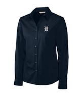 Detroit Tigers Cutter & Buck Epic Easy Care Fine Twill Womens Long Sleeve Dress Shirt Navy Blue Mannequin