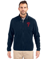 Philadelphia Phillies Cutter & Buck Cascade Epic Comfort Recycled Sherpa Fleece Mens Big & Tall Full Zip Jacket Navy Blue Front