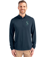 Seattle Mariners Cutter & Buck Virtue Eco Pique Recycled Quarter Zip Mens Big & Tall Pullover Navy Blue Front