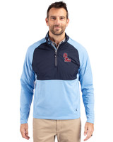 Ole Miss Rebels Cutter & Buck Adapt Eco Knit Hybrid Recycled Mens Quarter Zip Atlas/Navy Blue Front
