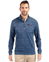 Denver Broncos Americana Cutter & Buck Traverse Stretch Eco Camo Print Quarter Zip Mens Big and Tall Pullover Navy Blue Front